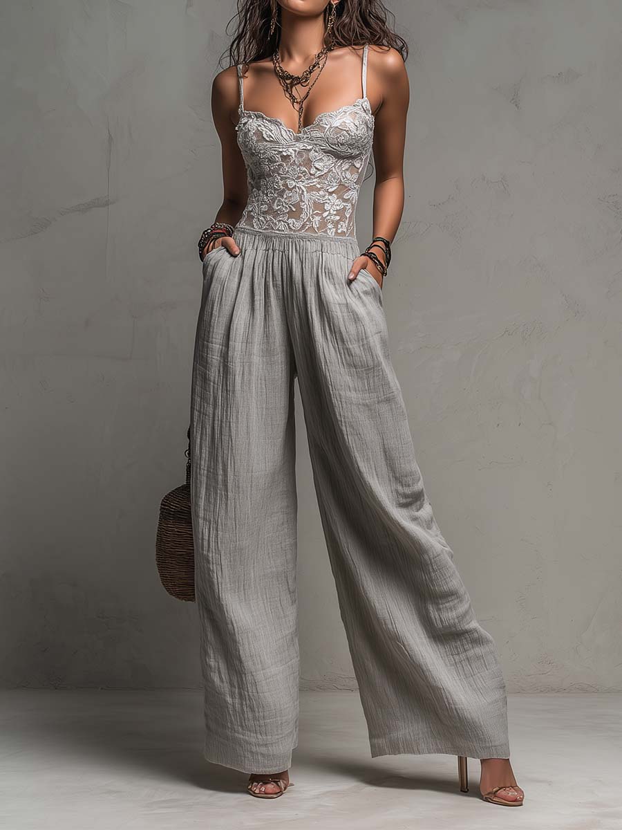 Gladys™ Grey Pleated Lace-Trimmed Jumpsuit