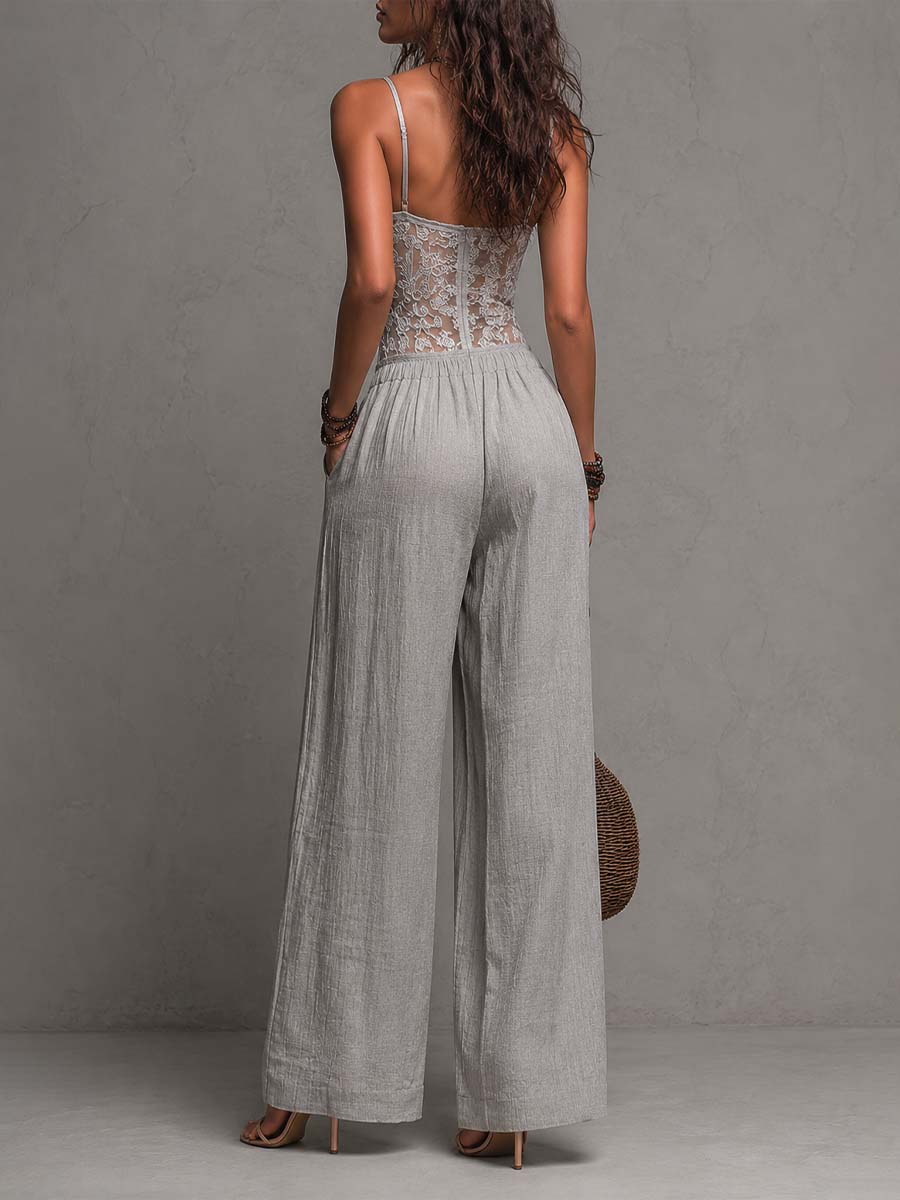 Gladys™ Grey Pleated Lace-Trimmed Jumpsuit