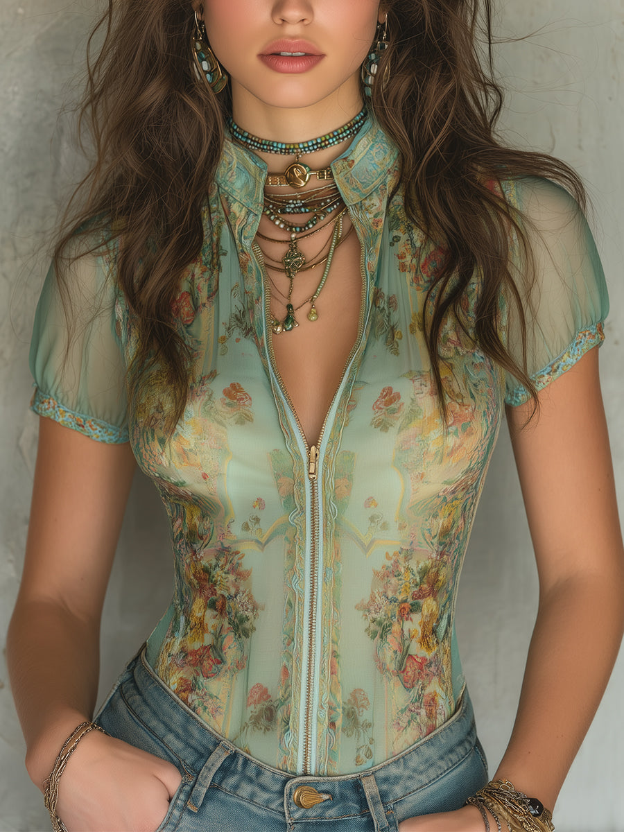 Nesta™ Retro Print Chiffon Blouse