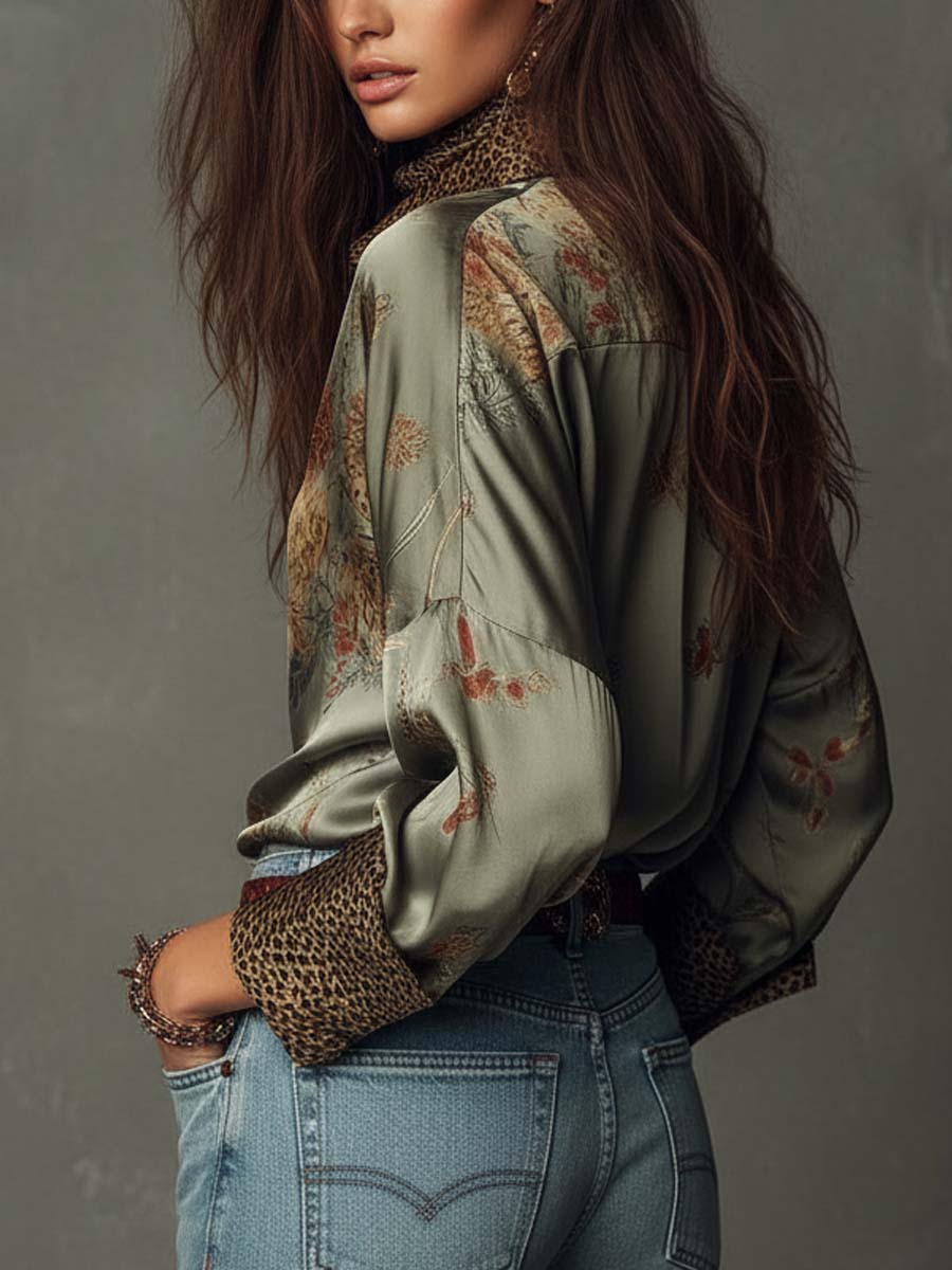 Olwen™ Satin Floral Leopard-Trim Shirt