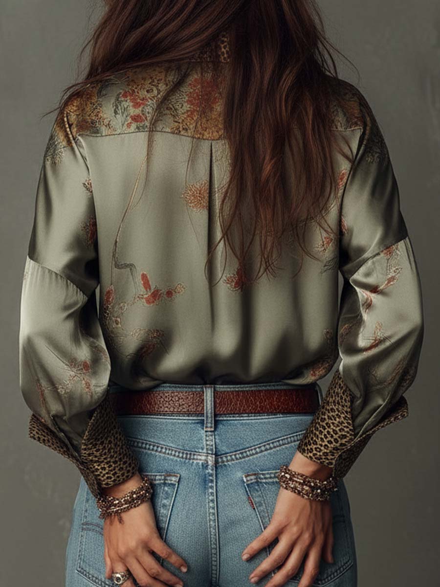 Olwen™ Satin Floral Leopard-Trim Shirt