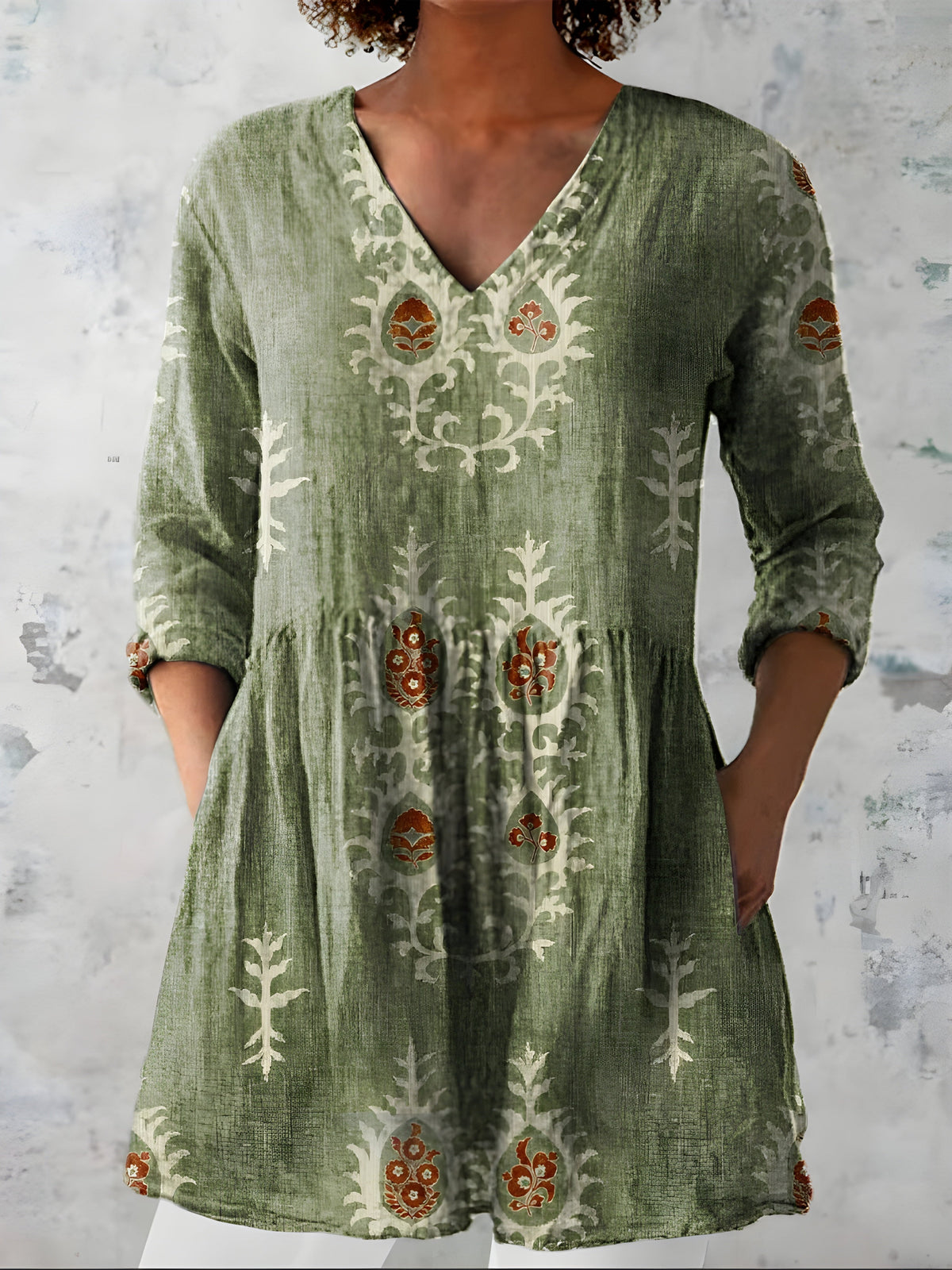 Katherine™ Long V-Neck Blouse — Everly style in Green