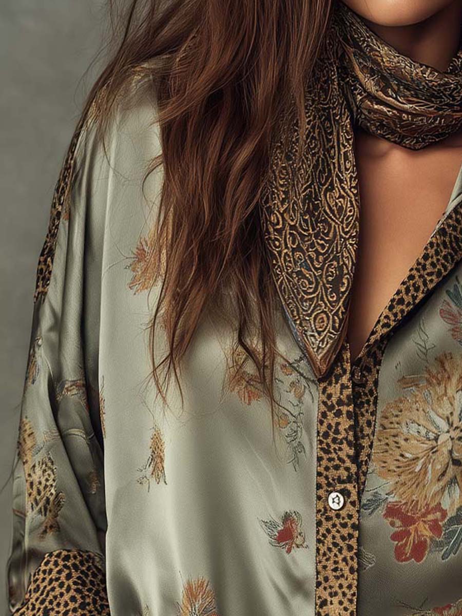 Olwen™ Satin Floral Leopard-Trim Shirt