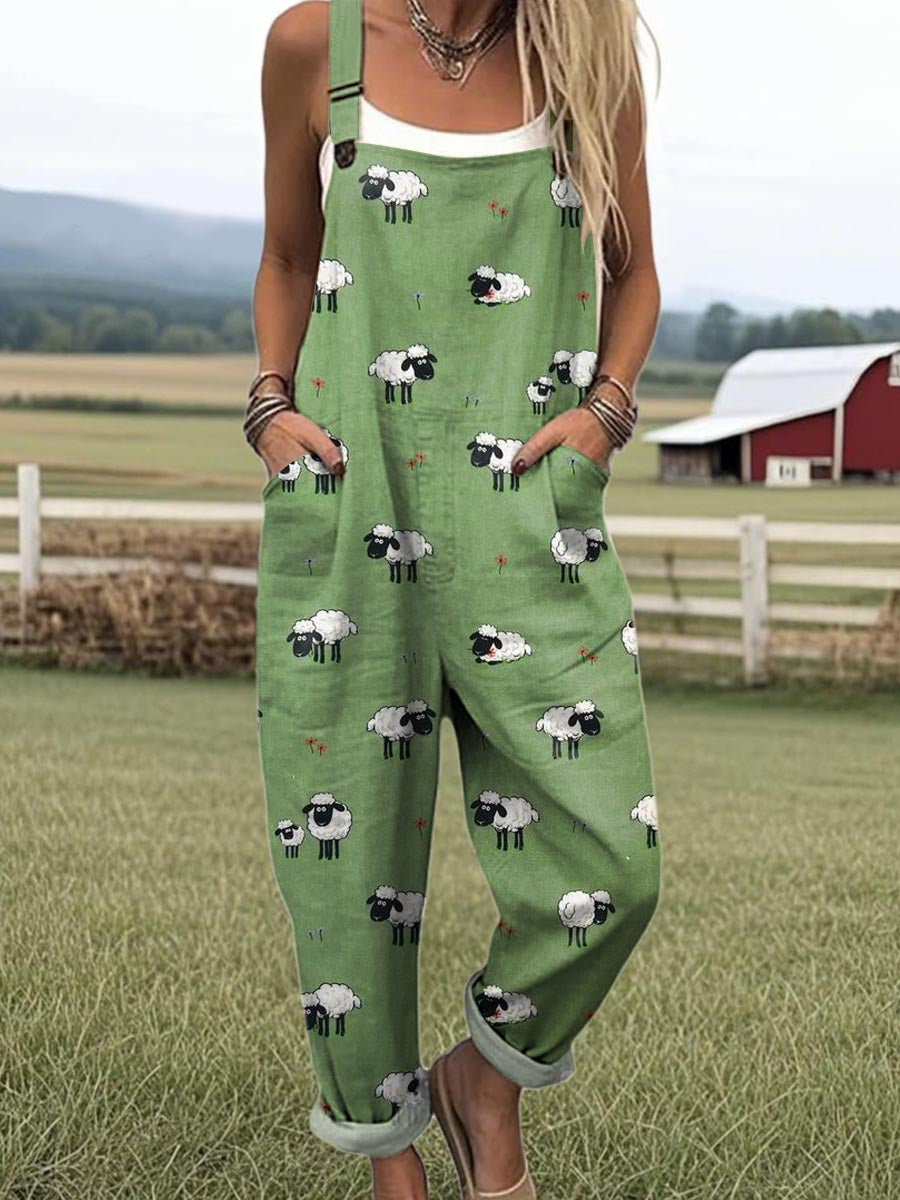 Phoebe™ Printed Wide-Leg Dungarees — Green Sheep Print
