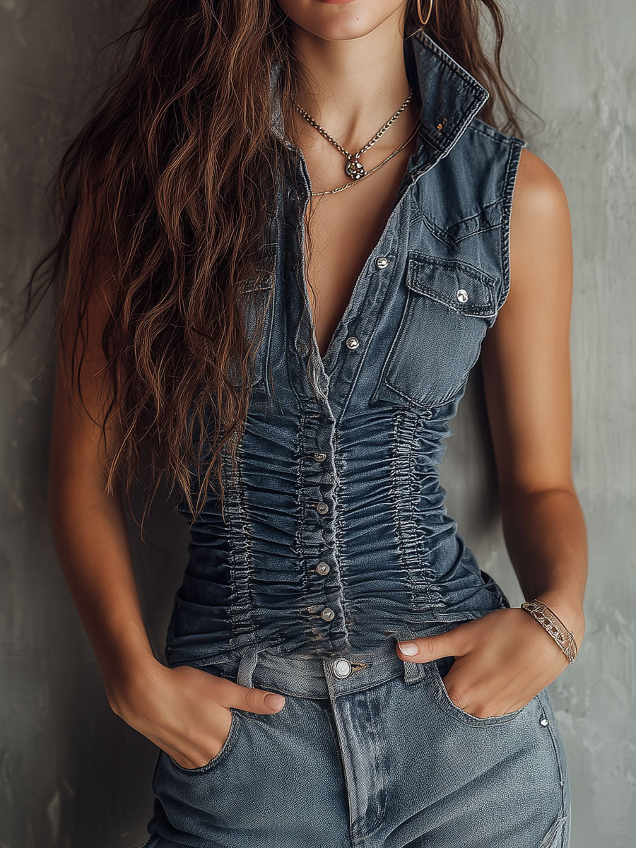 Palmira™ Sleeveless Ruched Denim Shirt