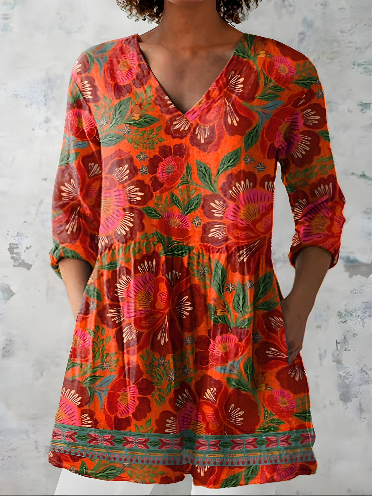 Katherine™ Long V-Neck Blouse — Priscilla style in Red Orange