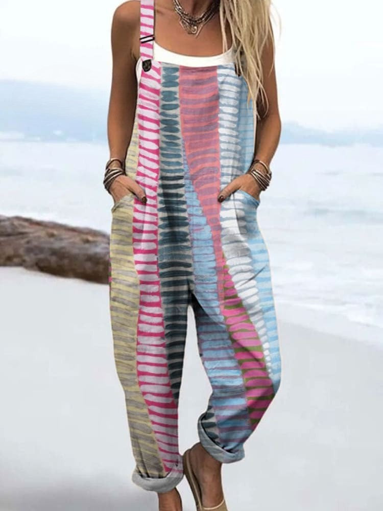 Phoebe™ Printed Wide-Leg Dungarees — Multicolour Stripe Print