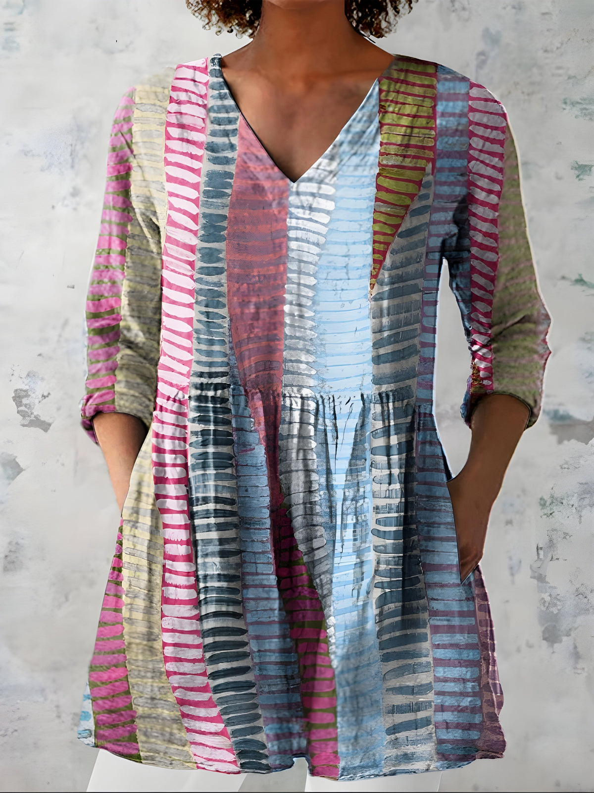 Katherine™ Long V-Neck Blouse — Margo style in Multicolour