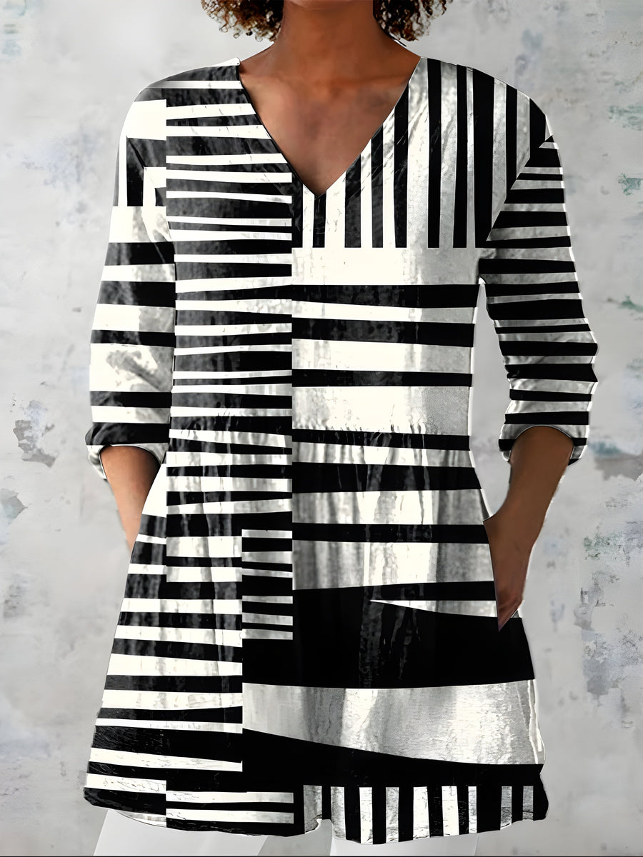 Katherine™ Long V-Neck Blouse — Sienna style in Black White