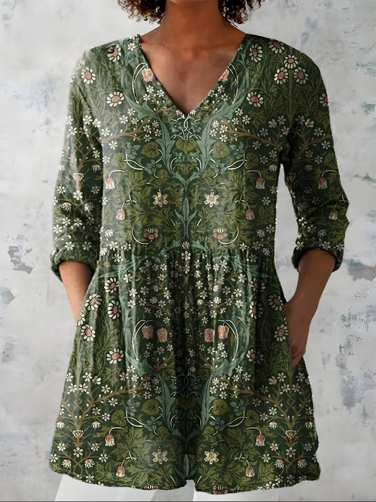 Katherine™ Long V-Neck Blouse — Cecelia style in Green
