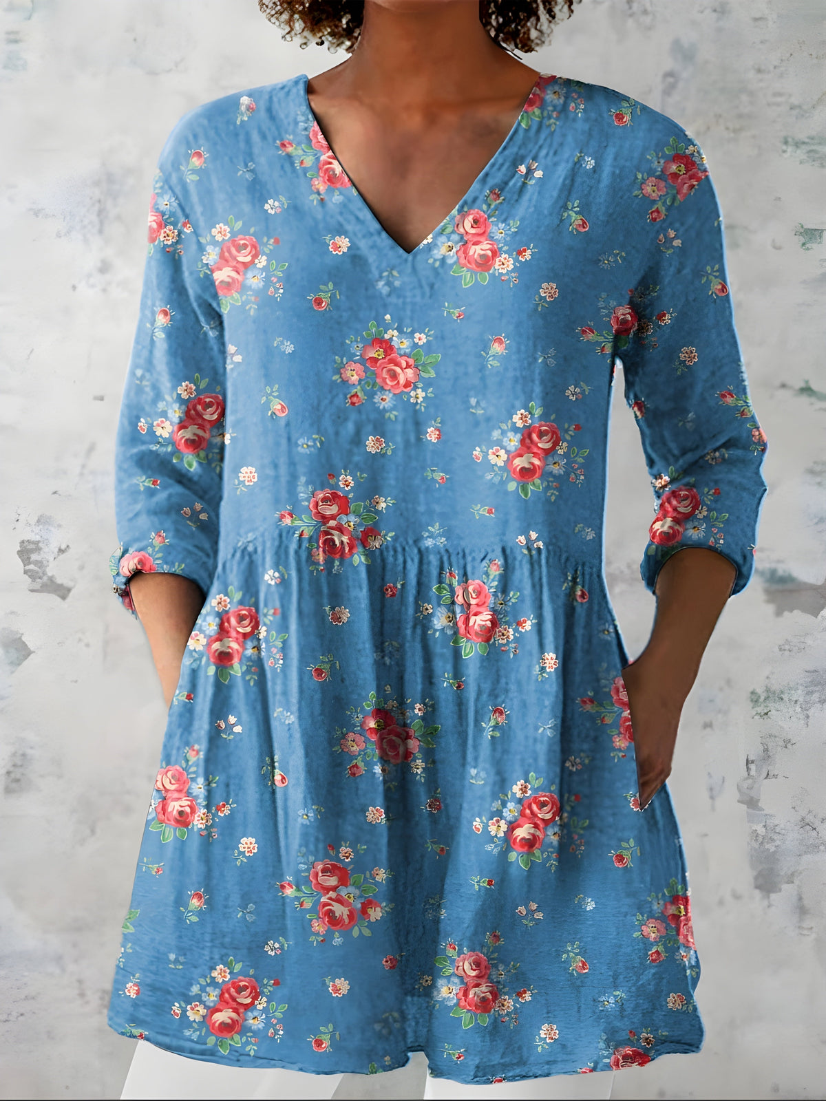 Katherine™ Long V-Neck Blouse — Lucia style in Blue