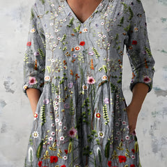 Katherine™ Long V-Neck Blouse — Audrey style in Grey