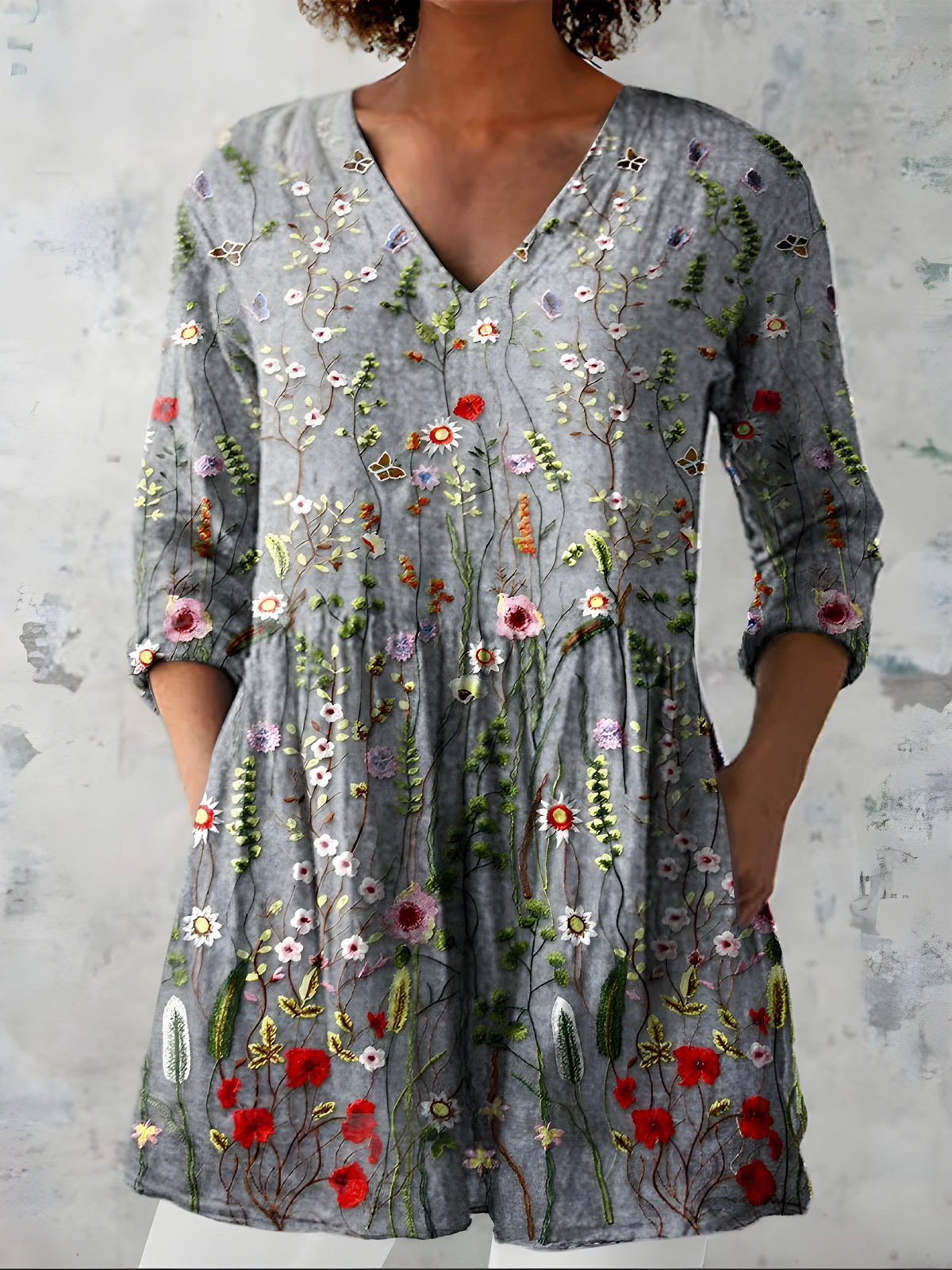 Katherine™ Long V-Neck Blouse — Audrey style in Grey