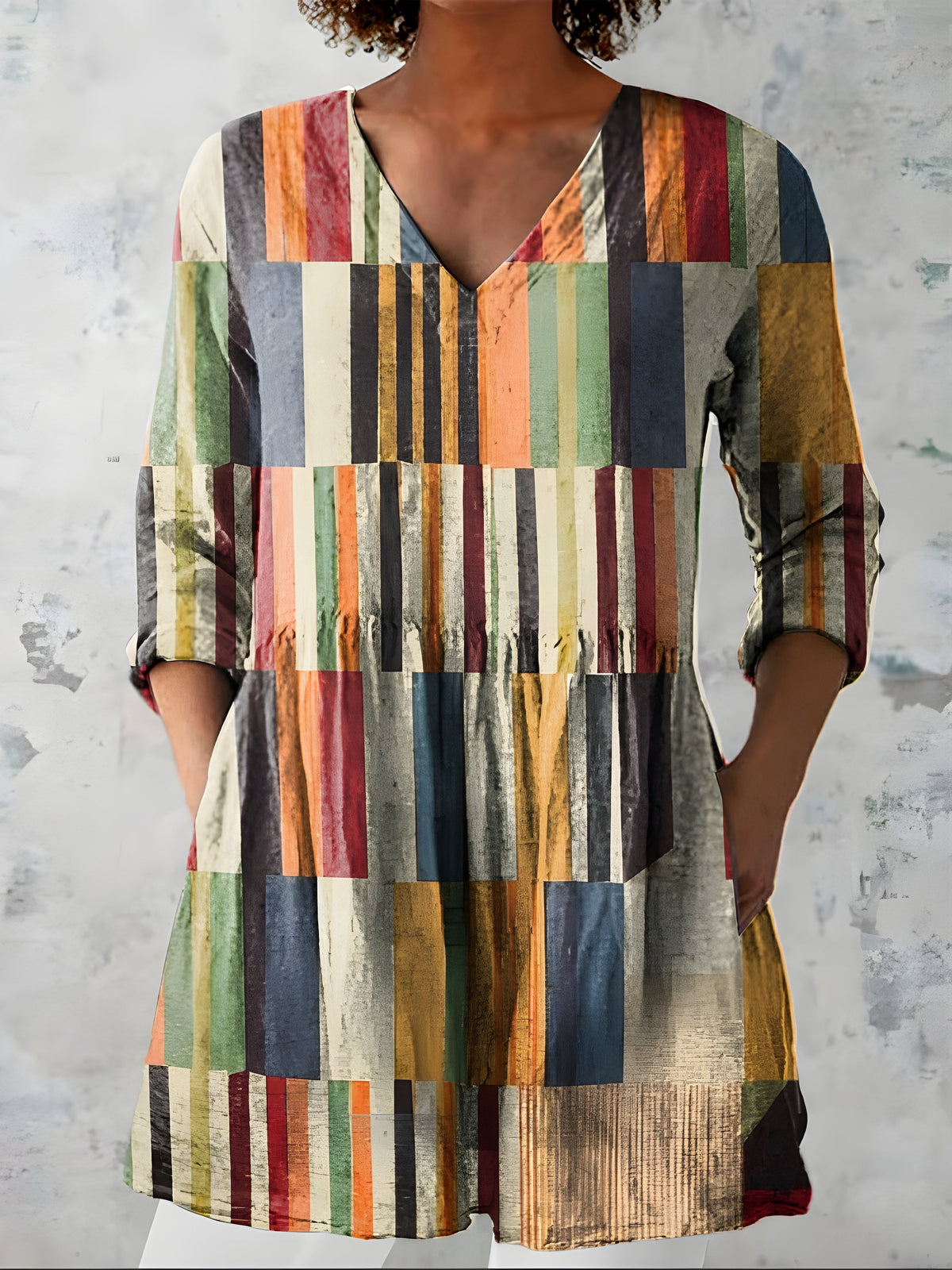 Katherine™ Long V-Neck Blouse — Lydia style in Multicolour