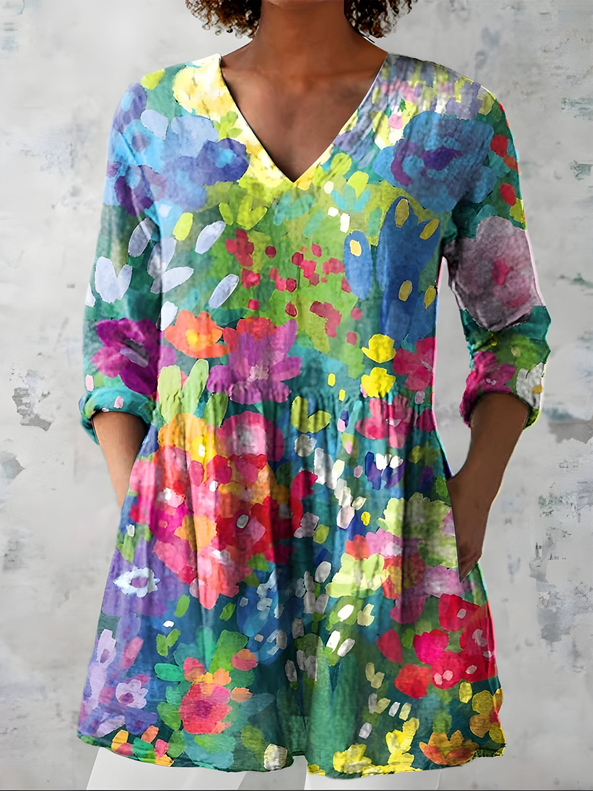 Katherine™ Long V-Neck Blouse — Millie style in Multicolour