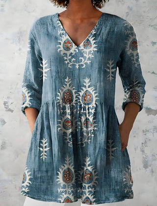 Katherine™ Long V-Neck Blouse — Everly style in Blue