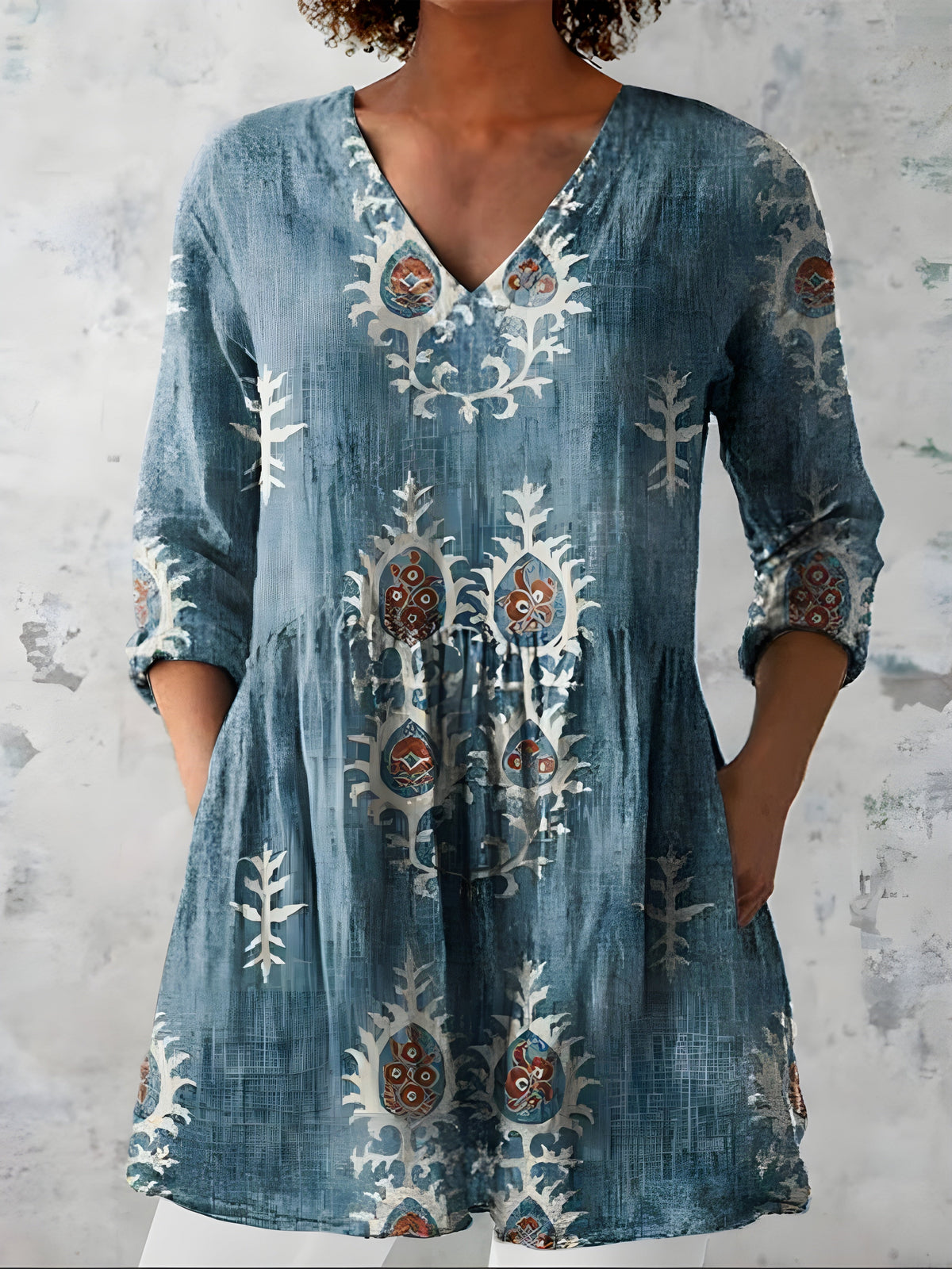 Katherine™ Long V-Neck Blouse — Everly style in Blue