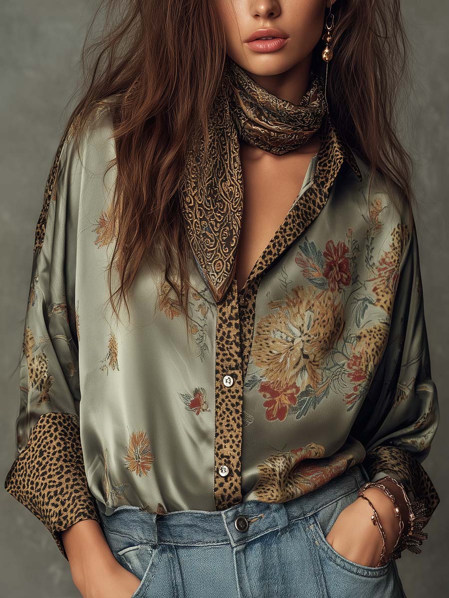 Olwen™ Satin Floral Leopard-Trim Shirt