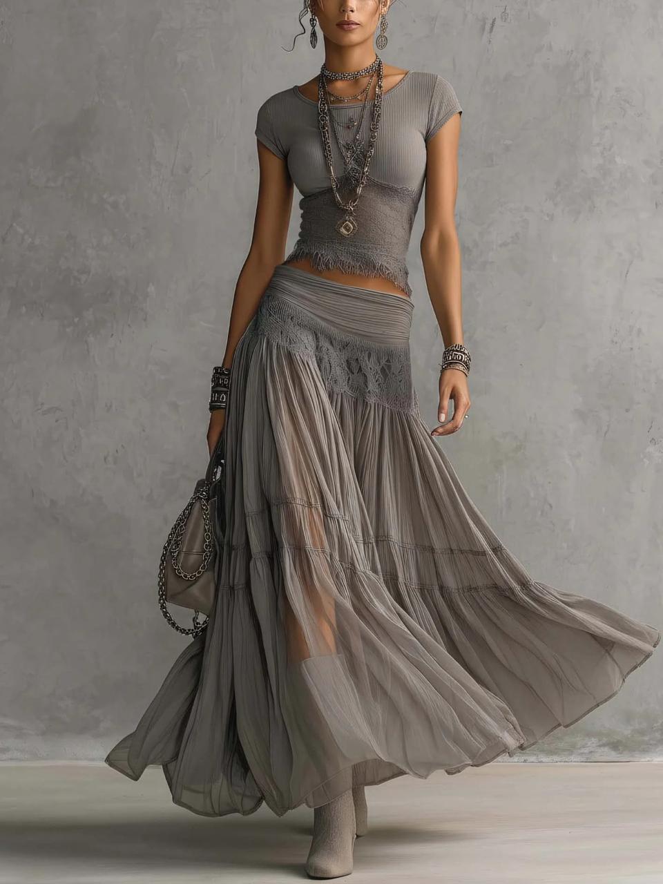 Aurelina™ Lace-Panelled Pleated Skirt Set