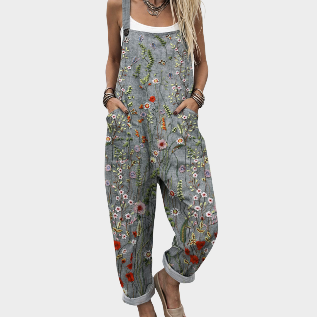 Phoebe™ Printed Wide-Leg Dungarees — Grey Wildflower Print