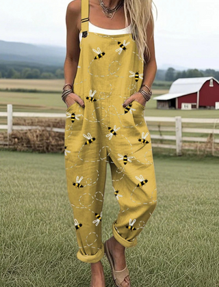 Phoebe™ Printed Wide-Leg Dungarees — Yellow Bee Print