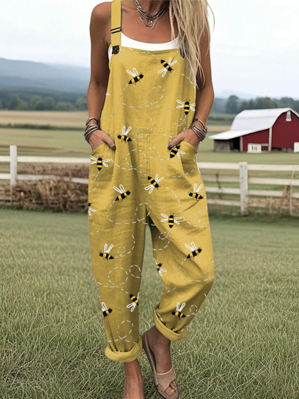 Phoebe™ Printed Wide-Leg Dungarees — Yellow Bee Print