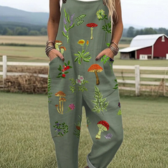 Phoebe™ Printed Wide-Leg Dungarees — Green Mushroom Print
