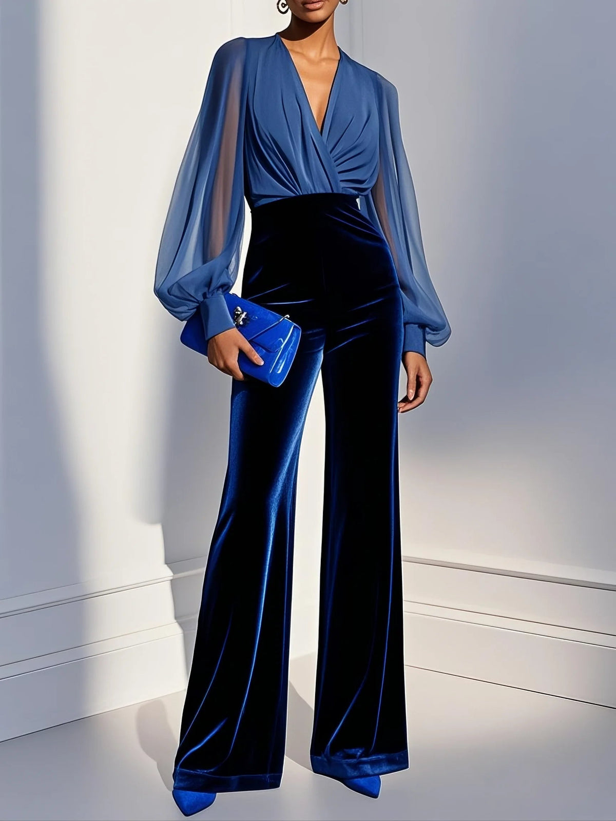 Esther™ Velvet Mesh-Sleeve Jumpsuit