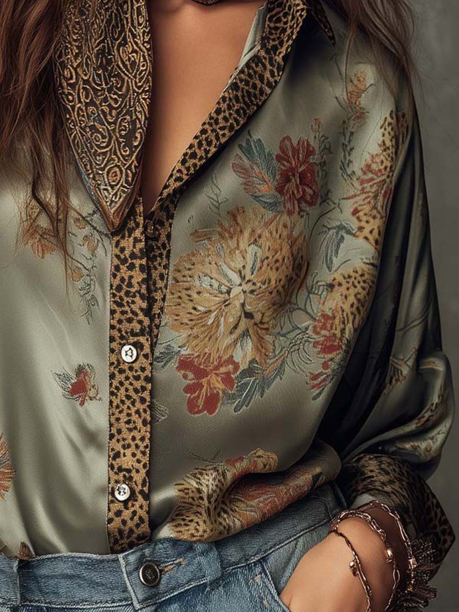 Olwen™ Satin Floral Leopard-Trim Shirt