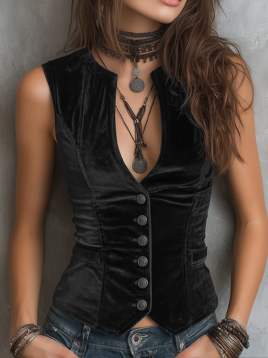 Minerva™ Round V-Neck Velvet Vest
