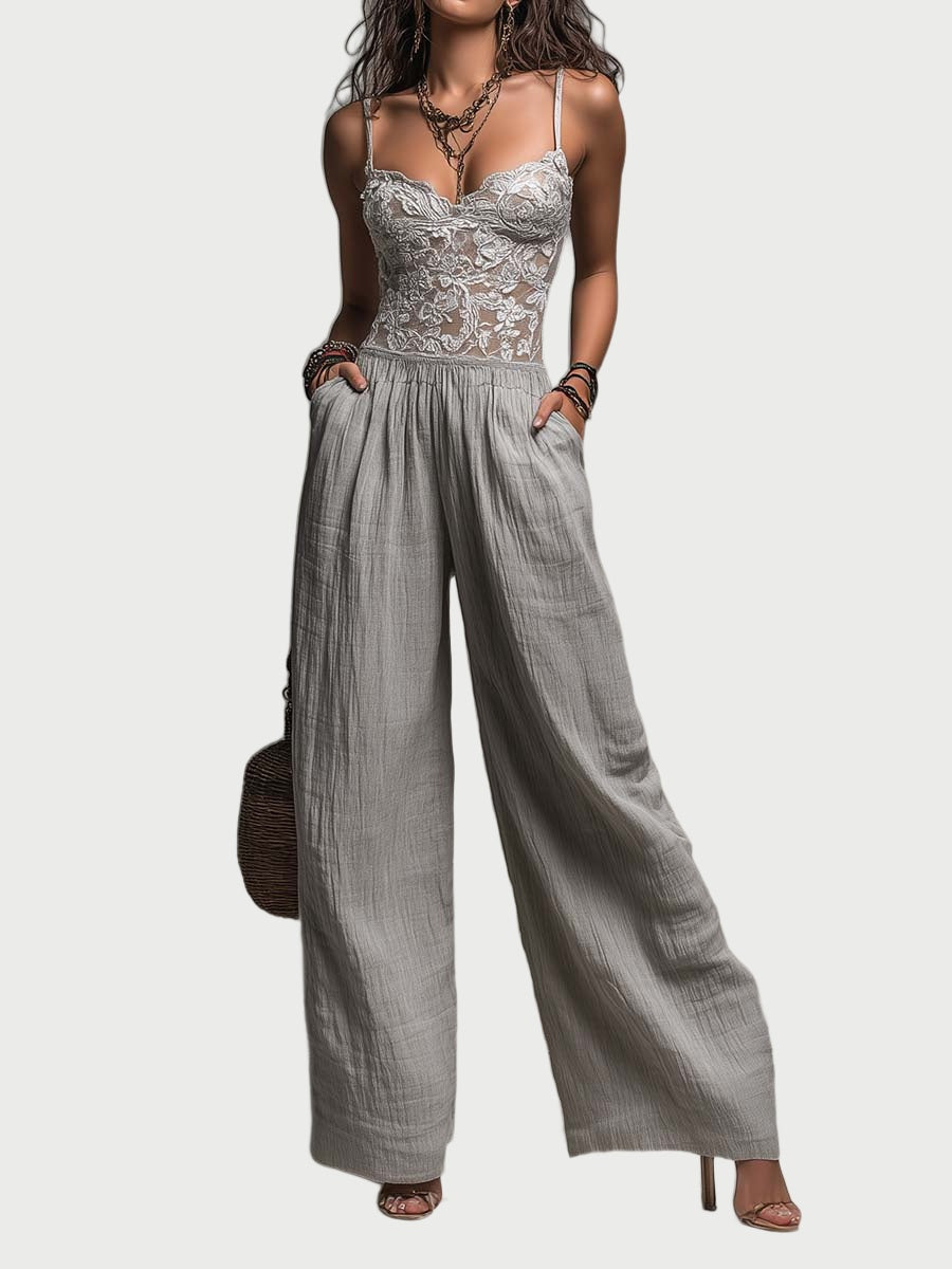 Gladys™ Grey Pleated Lace-Trimmed Jumpsuit