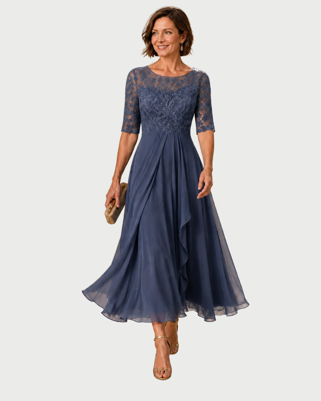 Fitted-Bodice Layered Midi Dress