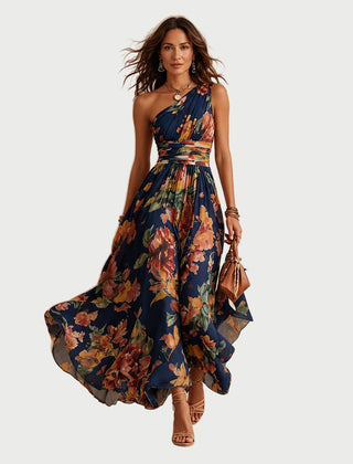 Watercolour Floral One-Shoulder Dress
