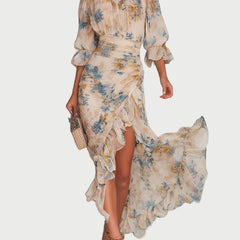 Vintage-Print Ruffle Maxi Dress