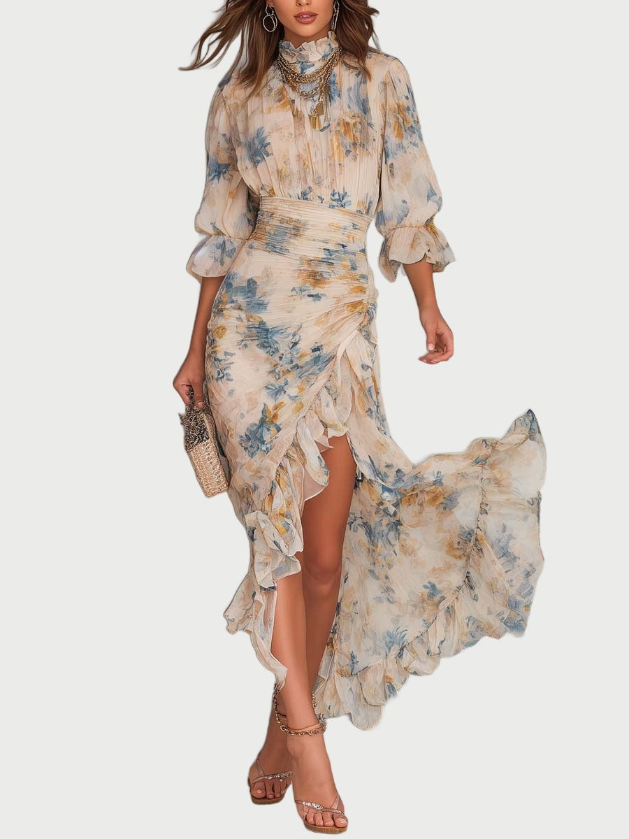 Vintage-Print Ruffle Maxi Dress