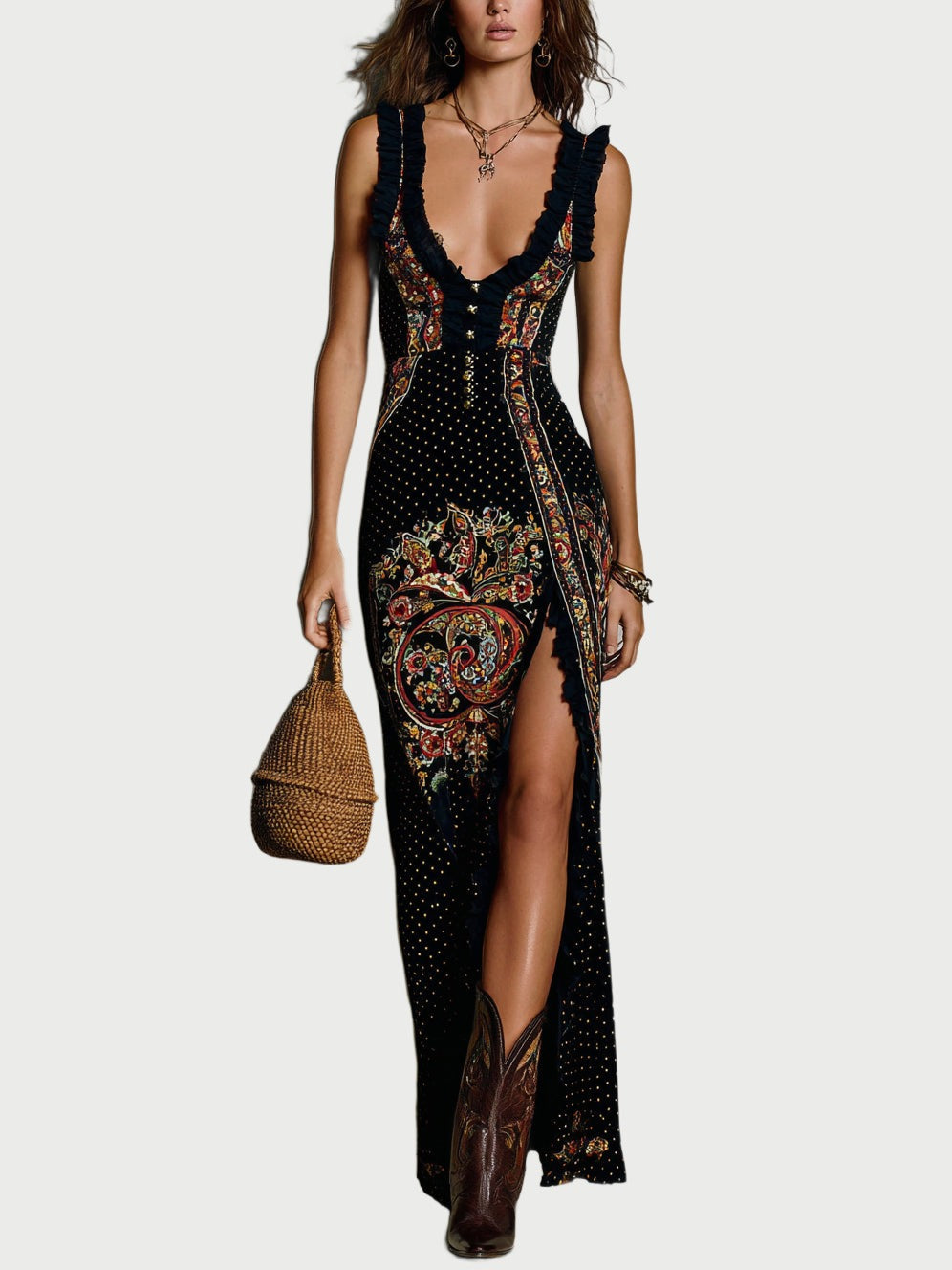 Boho Print V-Neck Maxi Dress