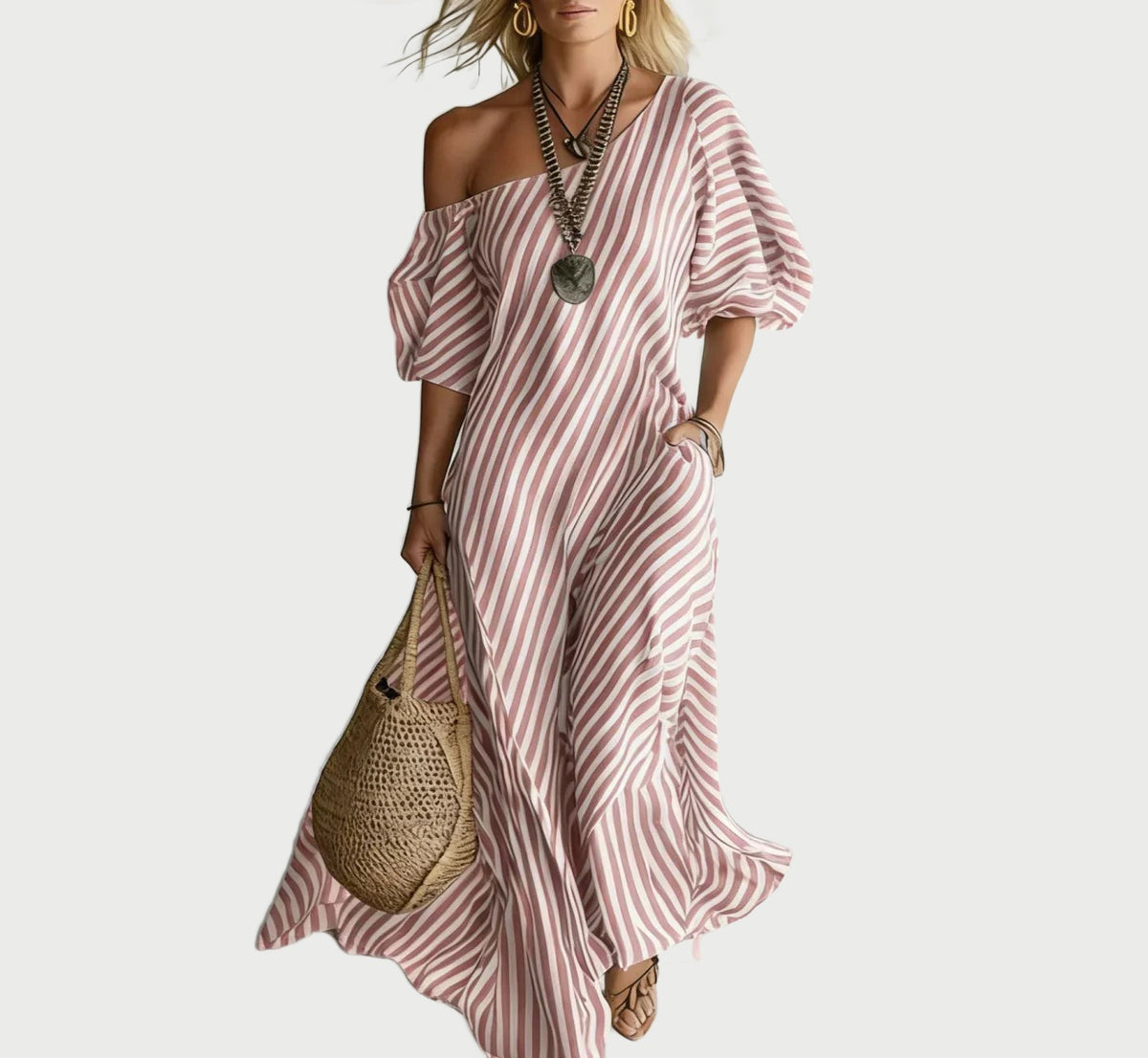 One-Shoulder Striped Maxi Dress