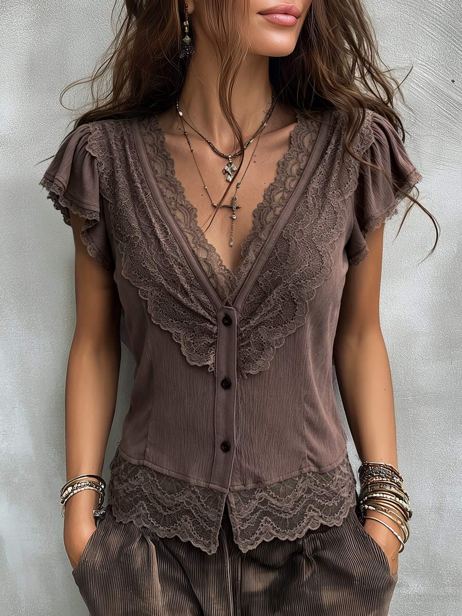 Pandora™ Lace-Trim V-Neck Blouse